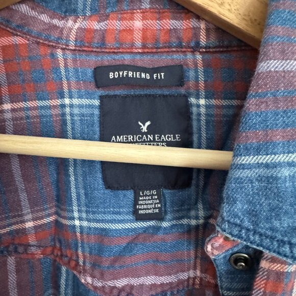 American Eagle Boyfriend Fit Red & Blue Plaid Button-Up Shirt - Size Large - Picture 3 of 4